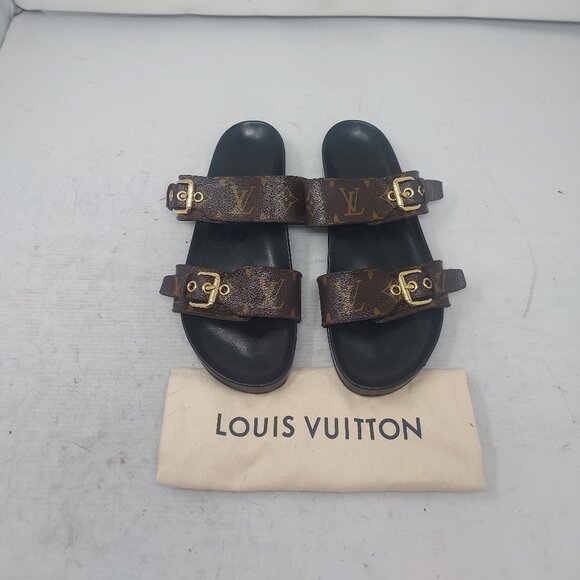 Louis Vuitton Brown Buckle Bom Dia Monogram Flat Slide Sandal - Picture 1 of 13